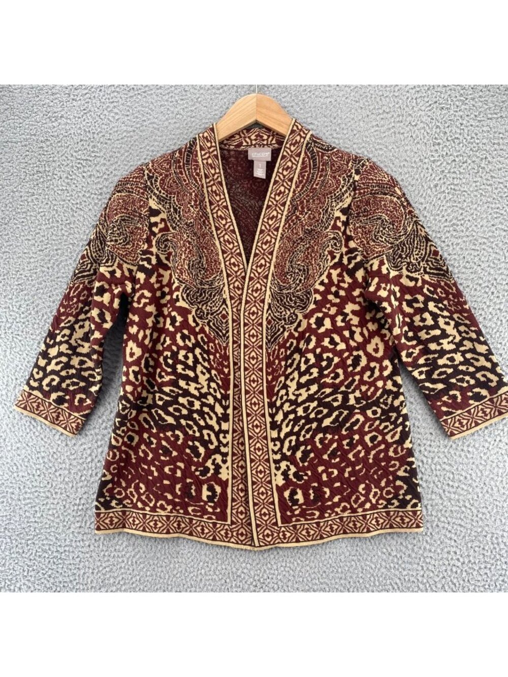 Chicos Sweater Womens 1 US Medium Brown Animal Jacquard Open Cardigan Stretch